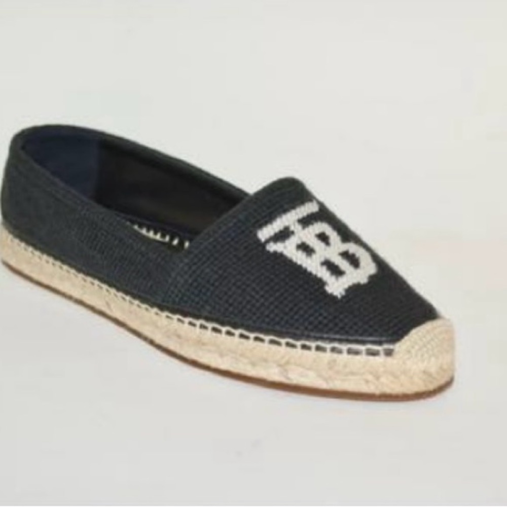 Burberry Tabitha Monogram Motif Cotton And Leather Black Espadrilles Size 7.5